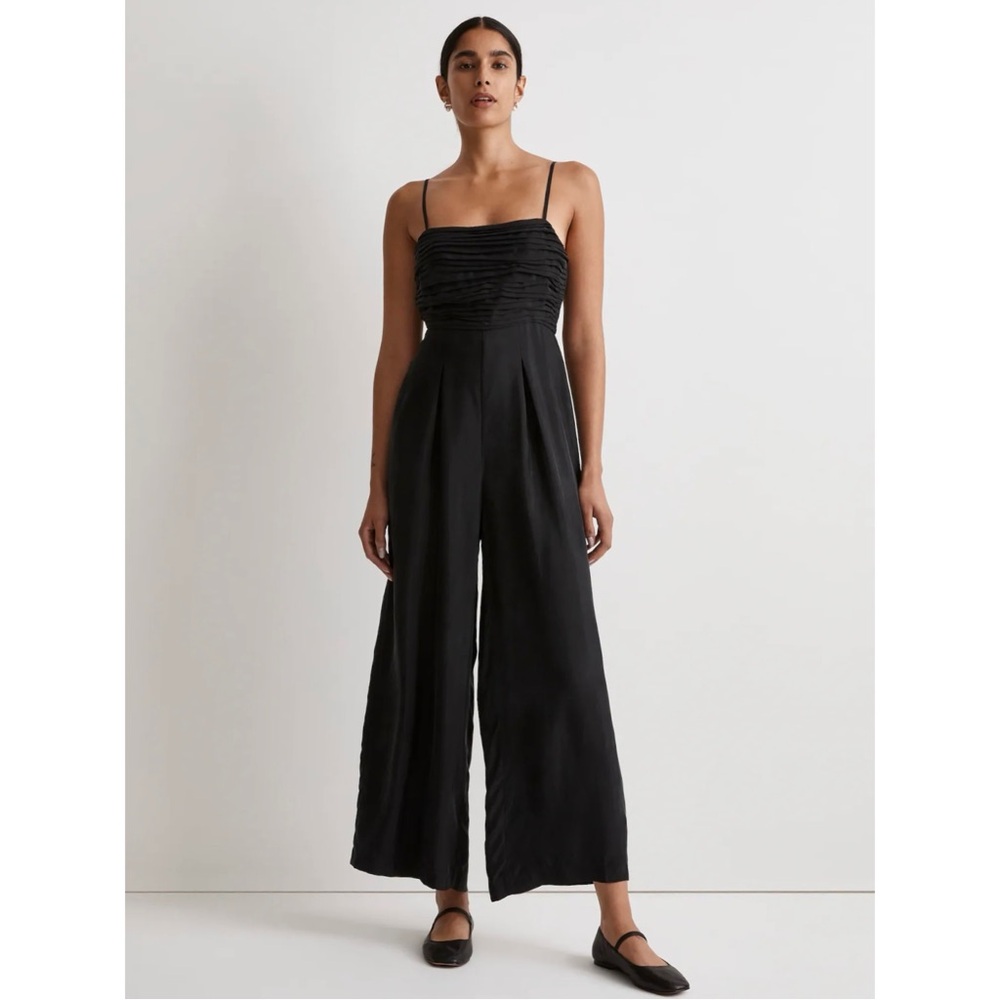 Madewell black ruched-chest textured straight leg jumpsuit (size 00)